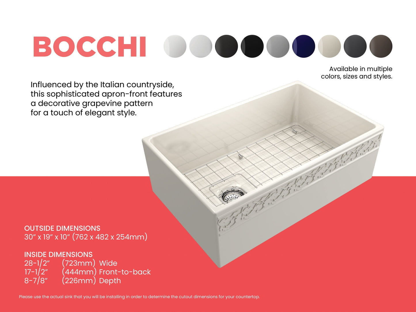 BOCCHI VIGNETO 30" Fireclay Farmhouse Single Bowl Kitchen Sink