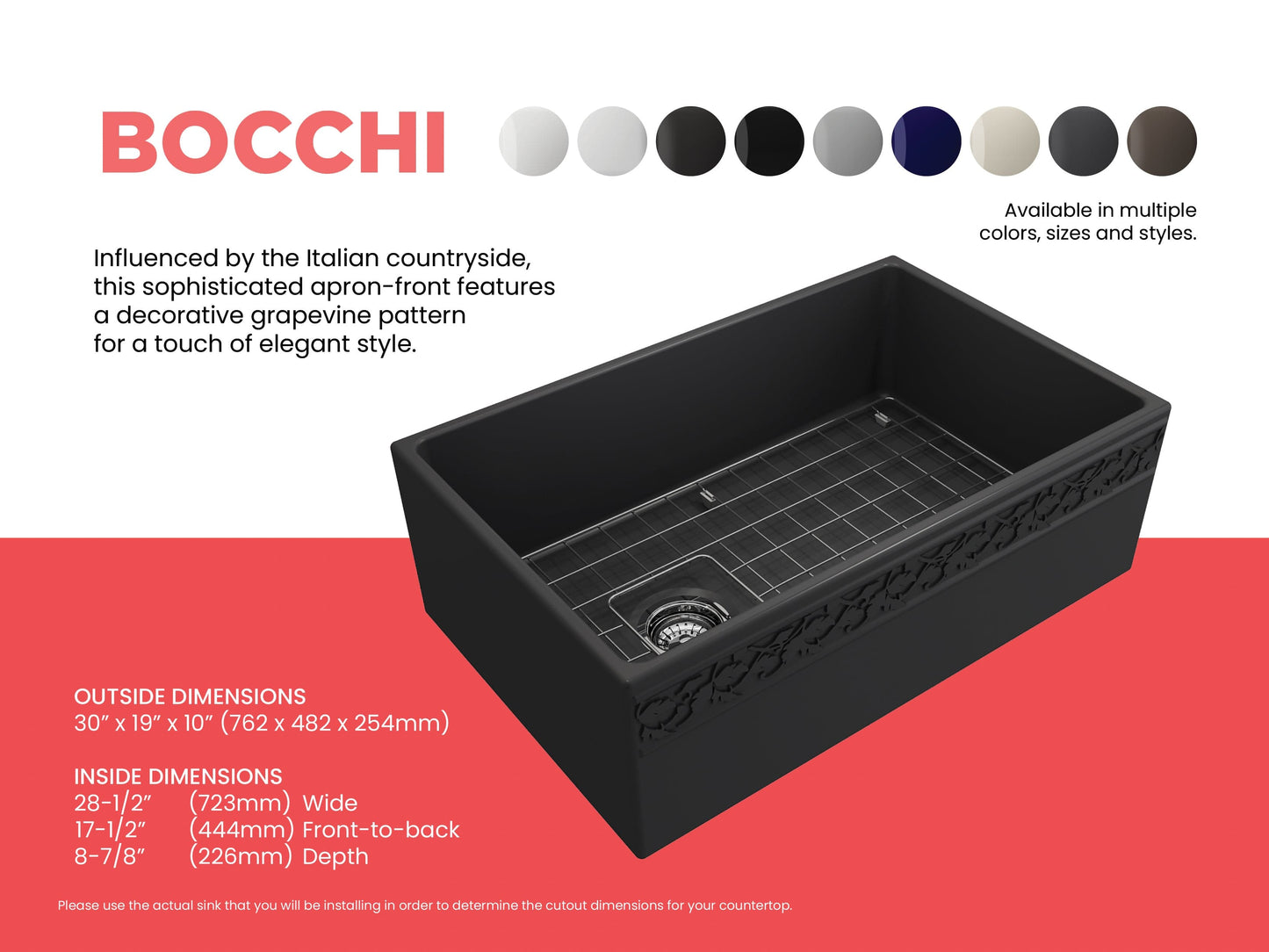 BOCCHI VIGNETO 30" Fireclay Farmhouse Single Bowl Kitchen Sink