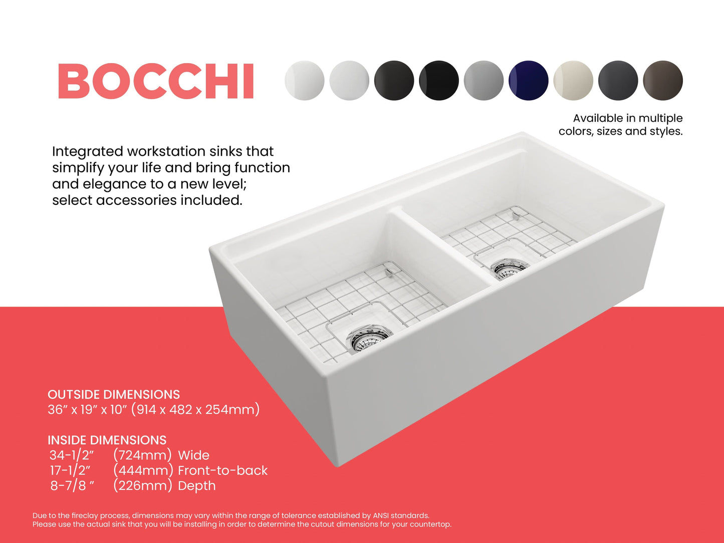 BOCCHI CONTEMPO 36" Step Rim Fireclay Farmhouse Double Bowl Kitchen Sink with Protective Bottom Grid and Strainer