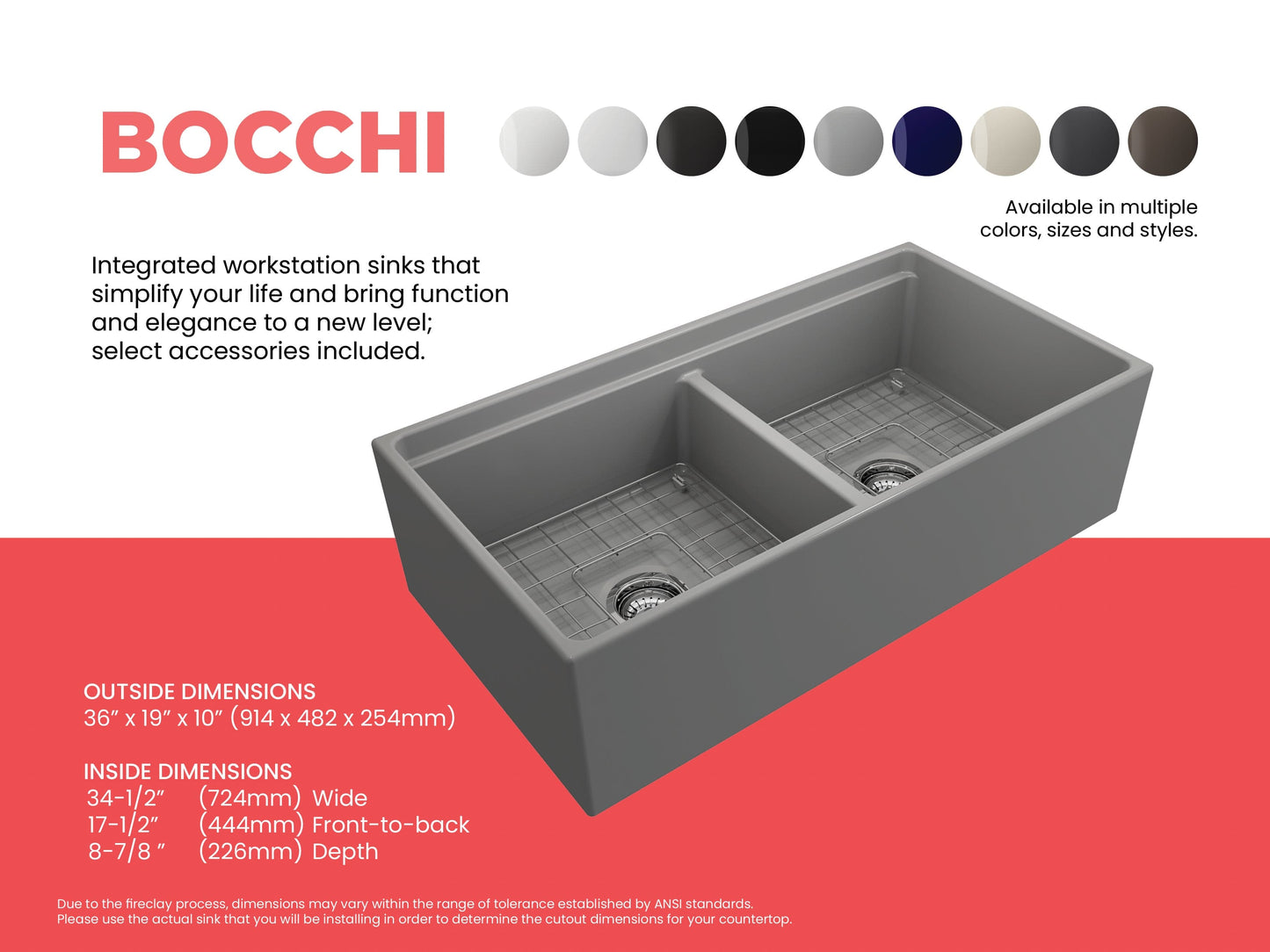 BOCCHI CONTEMPO 36" Step Rim Fireclay Farmhouse Double Bowl Kitchen Sink with Protective Bottom Grid and Strainer