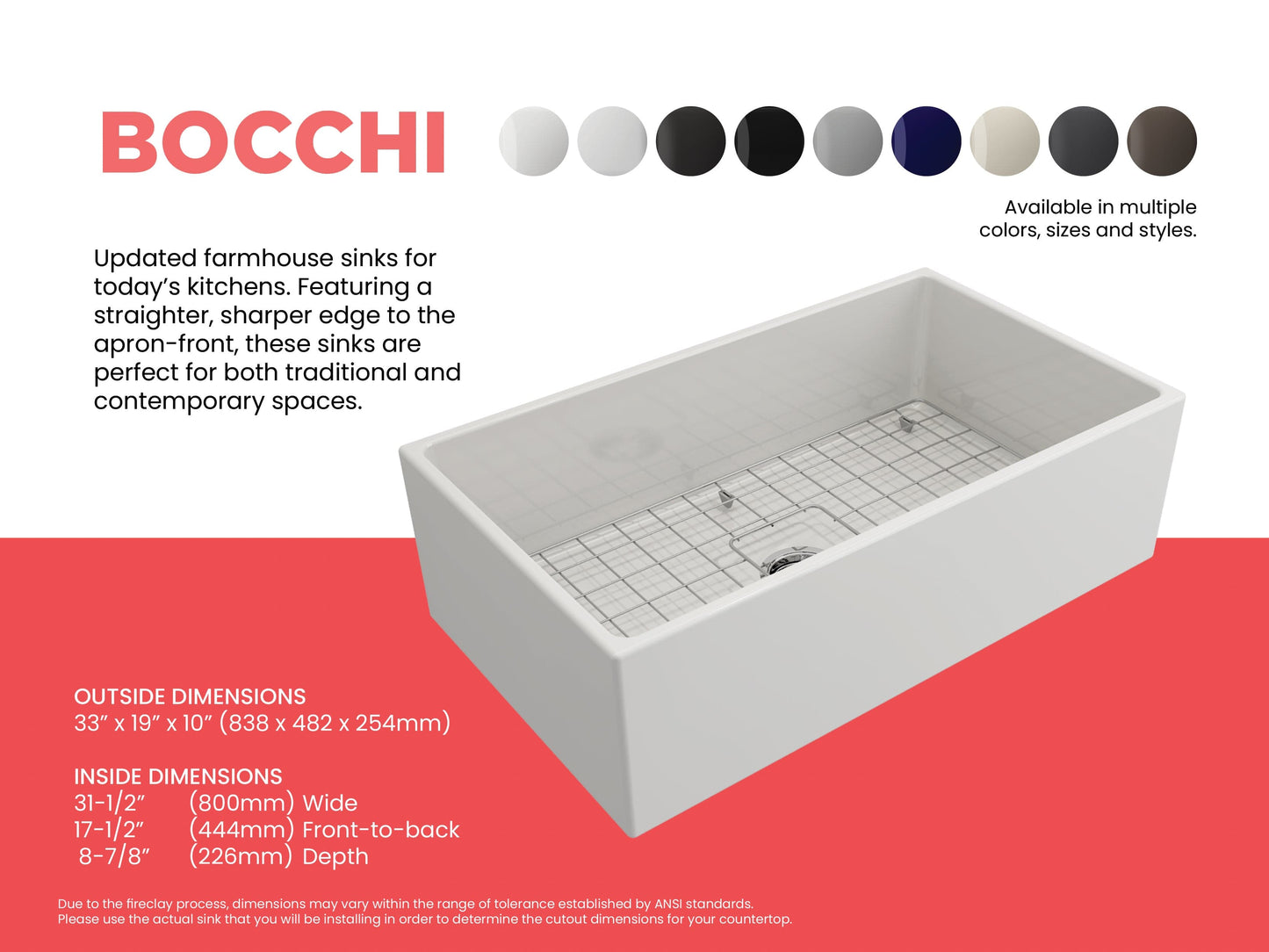 BOCCHI CONTEMPO 33" Fireclay Farmhouse Single Bowl Kitchen Sink with Protective Bottom Grid and Strainer