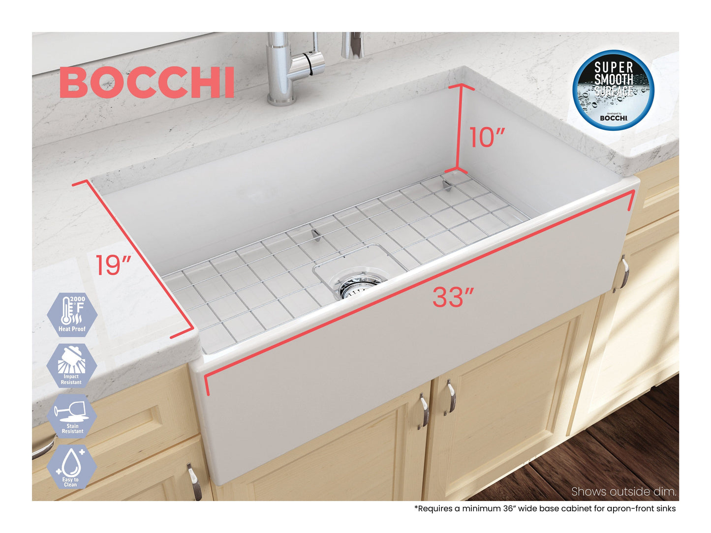 BOCCHI CONTEMPO 33" Fireclay Farmhouse Single Bowl Kitchen Sink with Protective Bottom Grid and Strainer