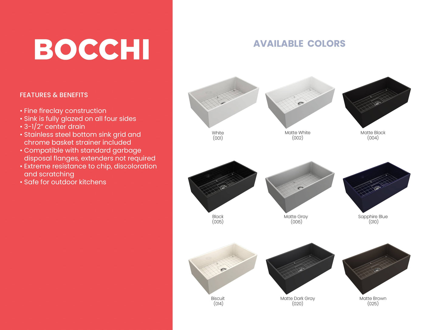 BOCCHI CONTEMPO 33" Fireclay Farmhouse Single Bowl Kitchen Sink with Protective Bottom Grid and Strainer