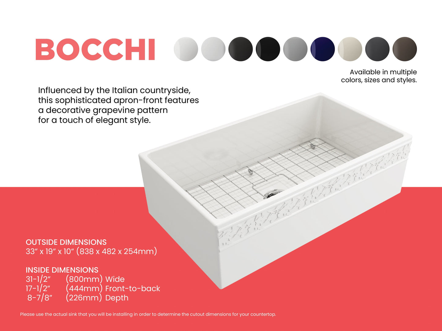 BOCCHI VIGNETO 33" Fireclay Farmhouse Single Bowl Kitchen Sink with Protective Bottom Grid and Strainer