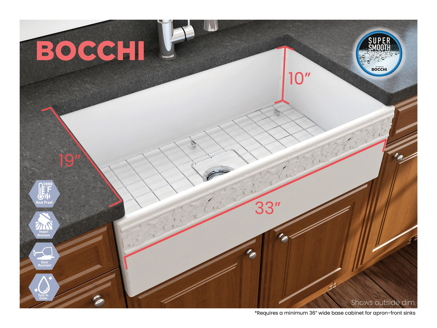 BOCCHI VIGNETO 33" Fireclay Farmhouse Single Bowl Kitchen Sink with Protective Bottom Grid and Strainer