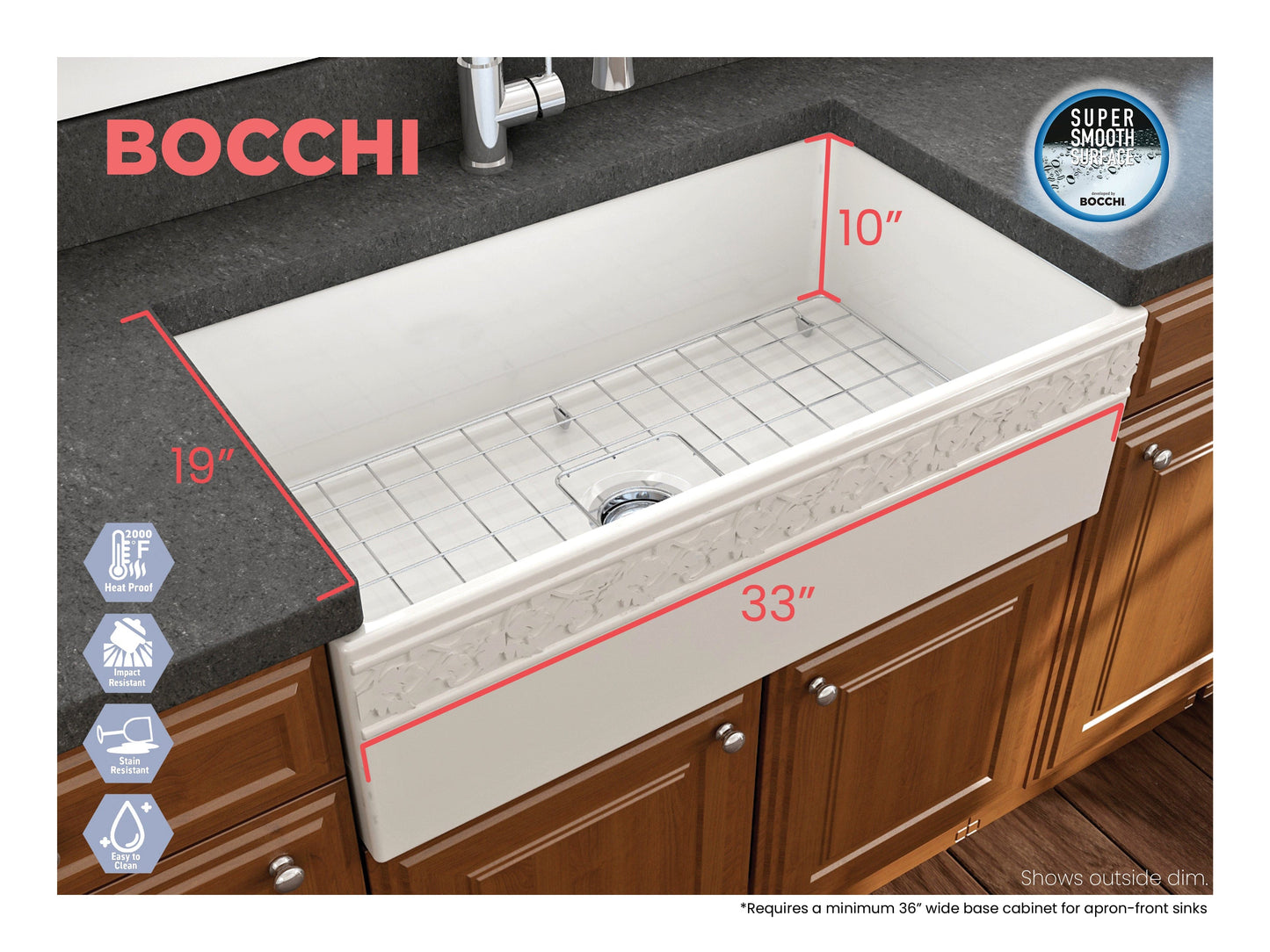 BOCCHI VIGNETO 33" Fireclay Farmhouse Single Bowl Kitchen Sink with Protective Bottom Grid and Strainer