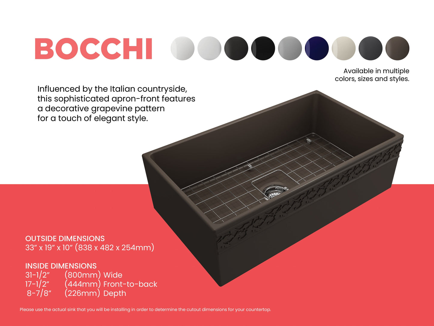 BOCCHI VIGNETO 33" Fireclay Farmhouse Single Bowl Kitchen Sink with Protective Bottom Grid and Strainer