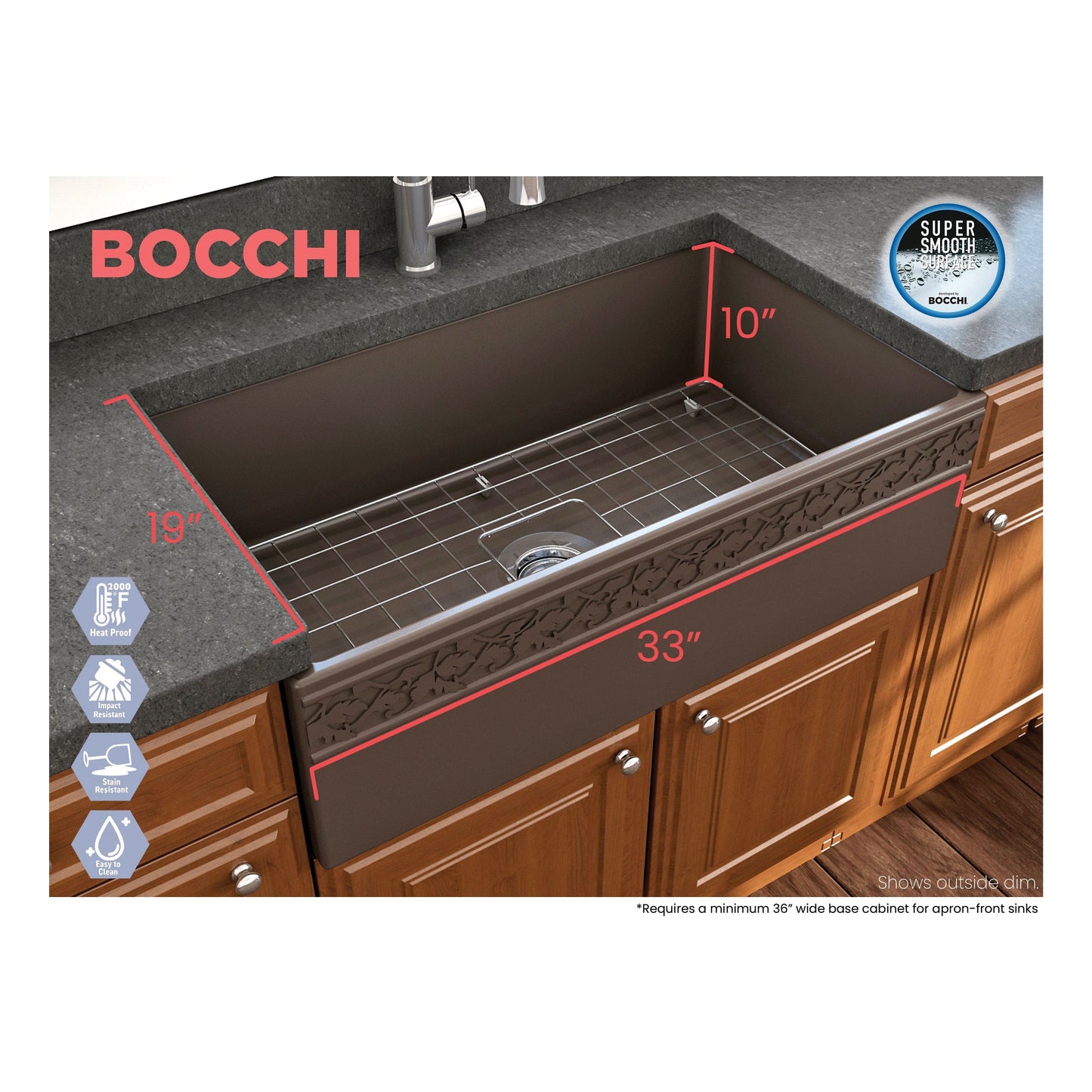 BOCCHI VIGNETO 33" Fireclay Farmhouse Single Bowl Kitchen Sink with Protective Bottom Grid and Strainer