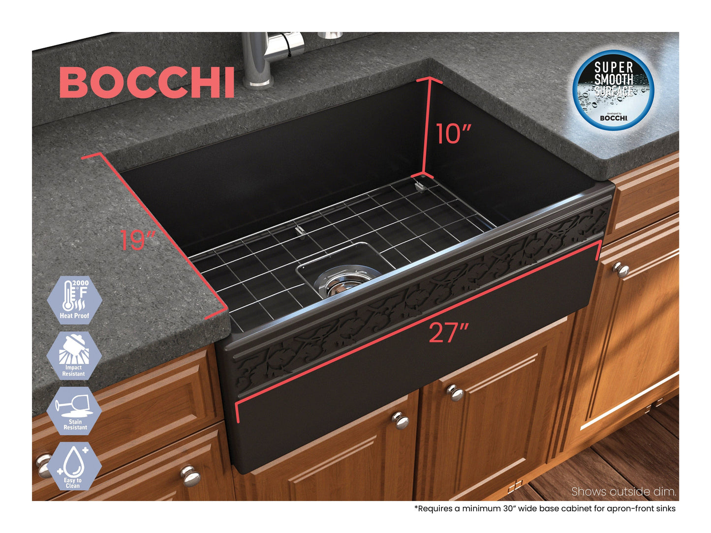 BOCCHI VIGNETO 27" Fireclay Farmhouse Single Bowl Kitchen Sink with Protective Bottom Grid and Strainer