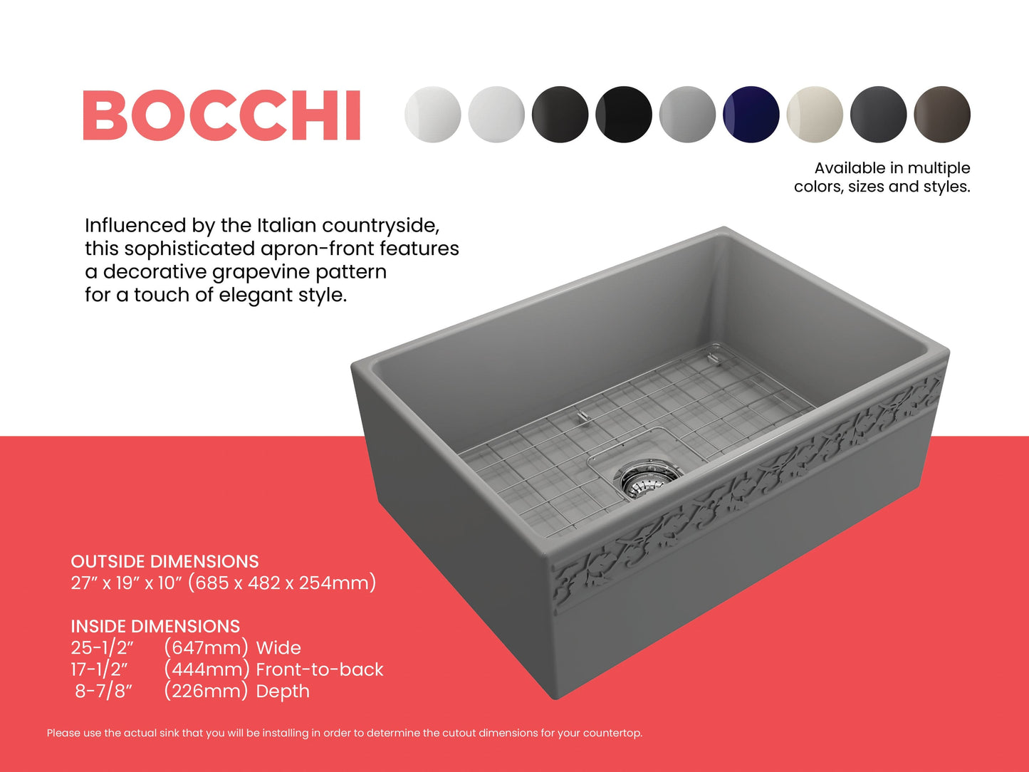 BOCCHI VIGNETO 27" Fireclay Farmhouse Single Bowl Kitchen Sink with Protective Bottom Grid and Strainer