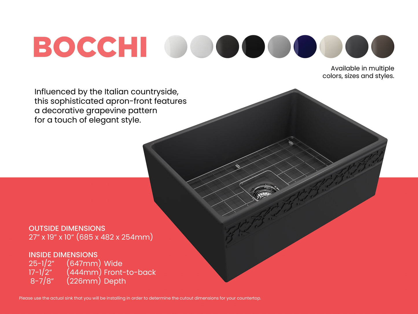 BOCCHI VIGNETO 27" Fireclay Farmhouse Single Bowl Kitchen Sink with Protective Bottom Grid and Strainer