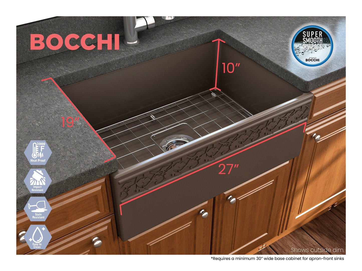 BOCCHI VIGNETO 27" Fireclay Farmhouse Single Bowl Kitchen Sink with Protective Bottom Grid and Strainer