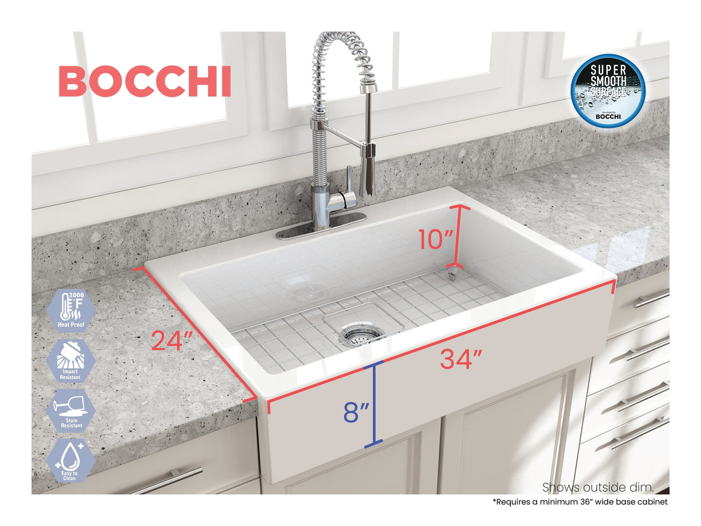 BOCCHI NUOVA Farmhouse Short Apron Front Fireclay 34" Single Bowl Kitchen Sink