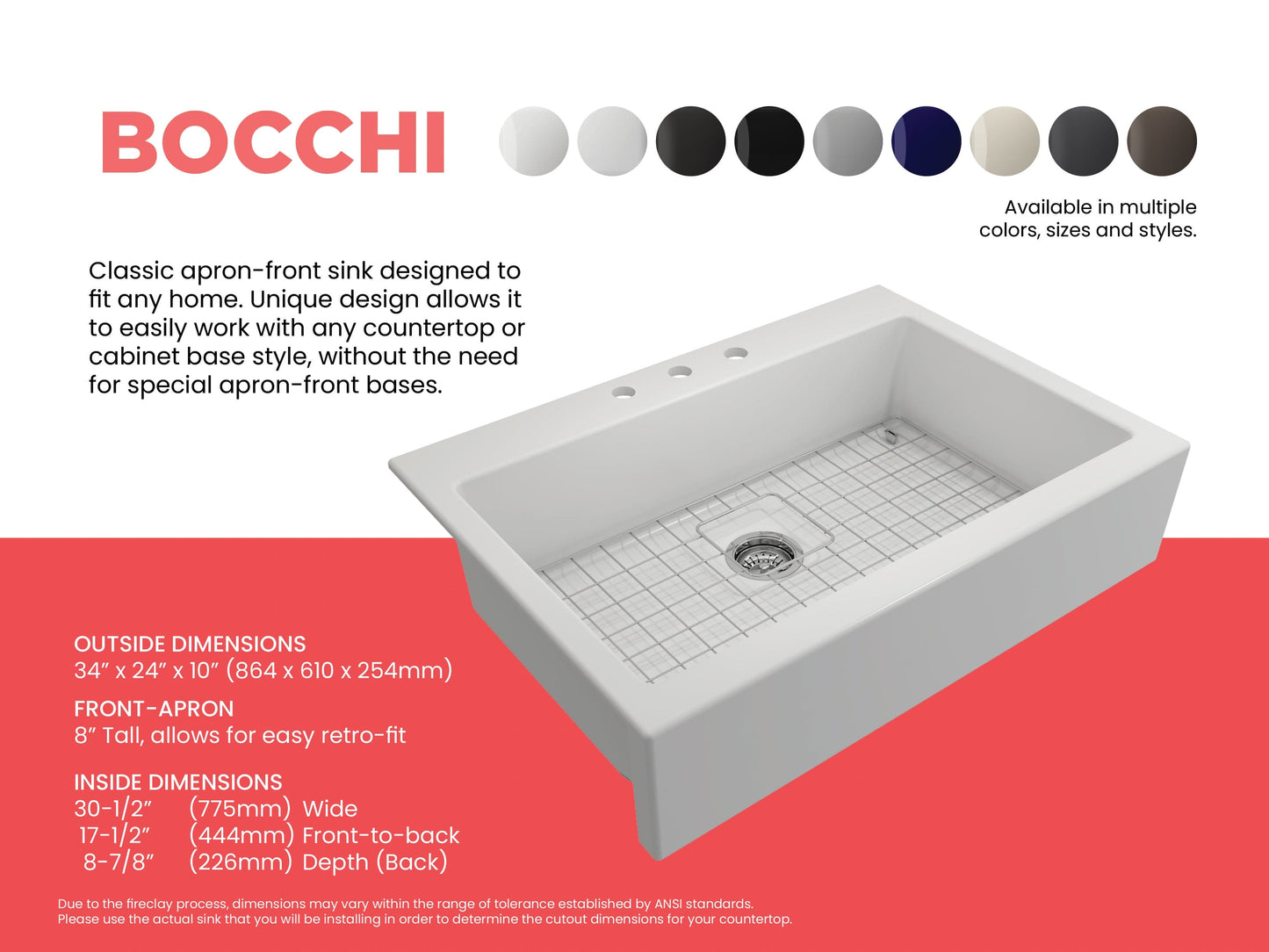 BOCCHI NUOVA Farmhouse Short Apron Front Fireclay 34" Single Bowl Kitchen Sink