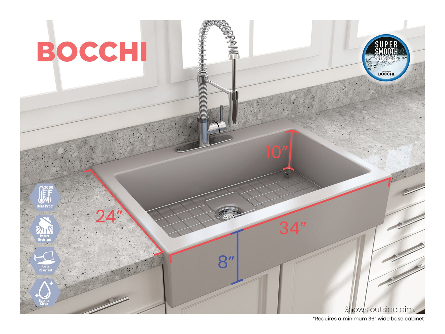 BOCCHI NUOVA Farmhouse Short Apron Front Fireclay 34" Single Bowl Kitchen Sink