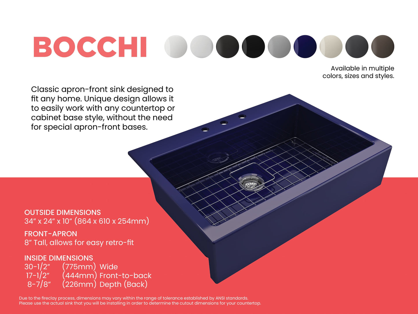 BOCCHI NUOVA Farmhouse Short Apron Front Fireclay 34" Single Bowl Kitchen Sink