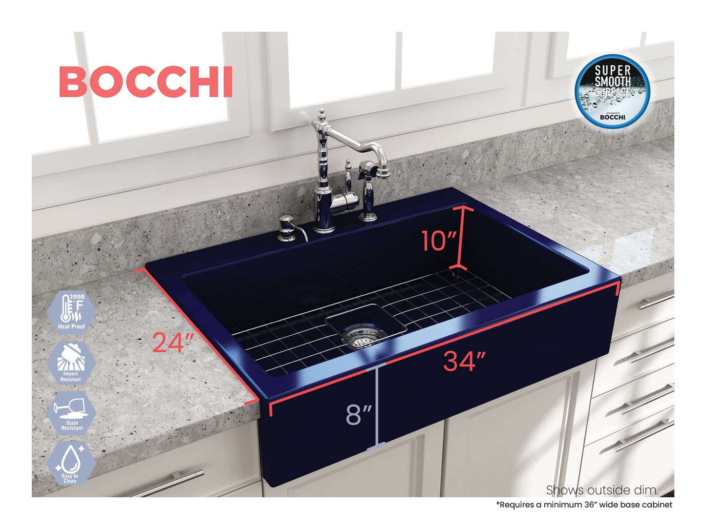 BOCCHI NUOVA Farmhouse Short Apron Front Fireclay 34" Single Bowl Kitchen Sink