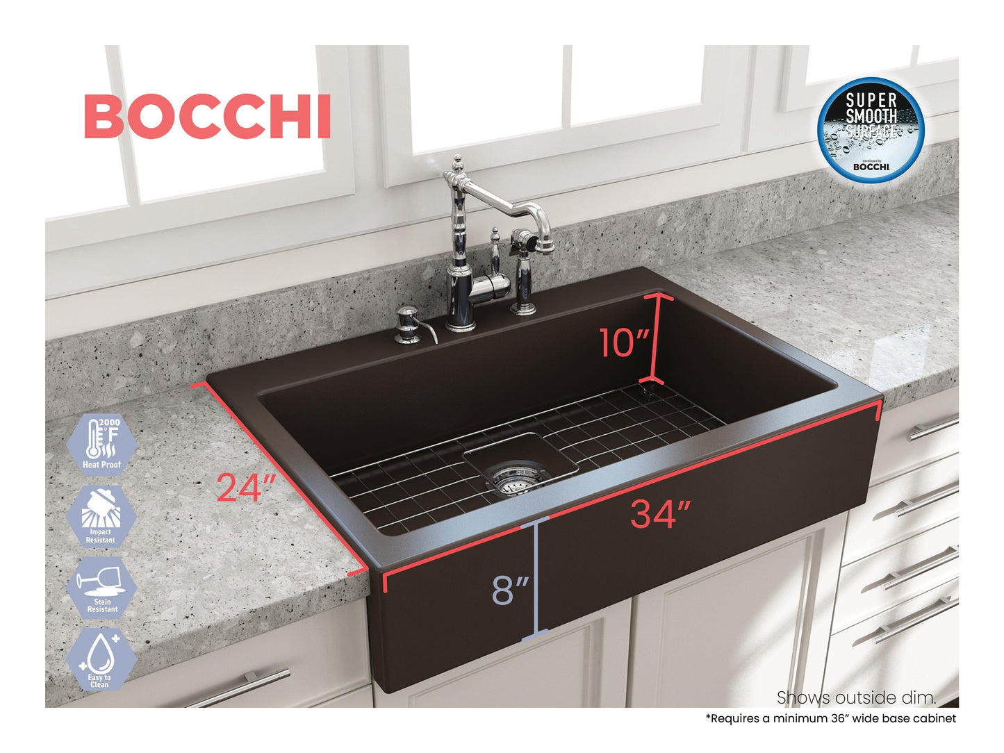 BOCCHI NUOVA Farmhouse Short Apron Front Fireclay 34" Single Bowl Kitchen Sink
