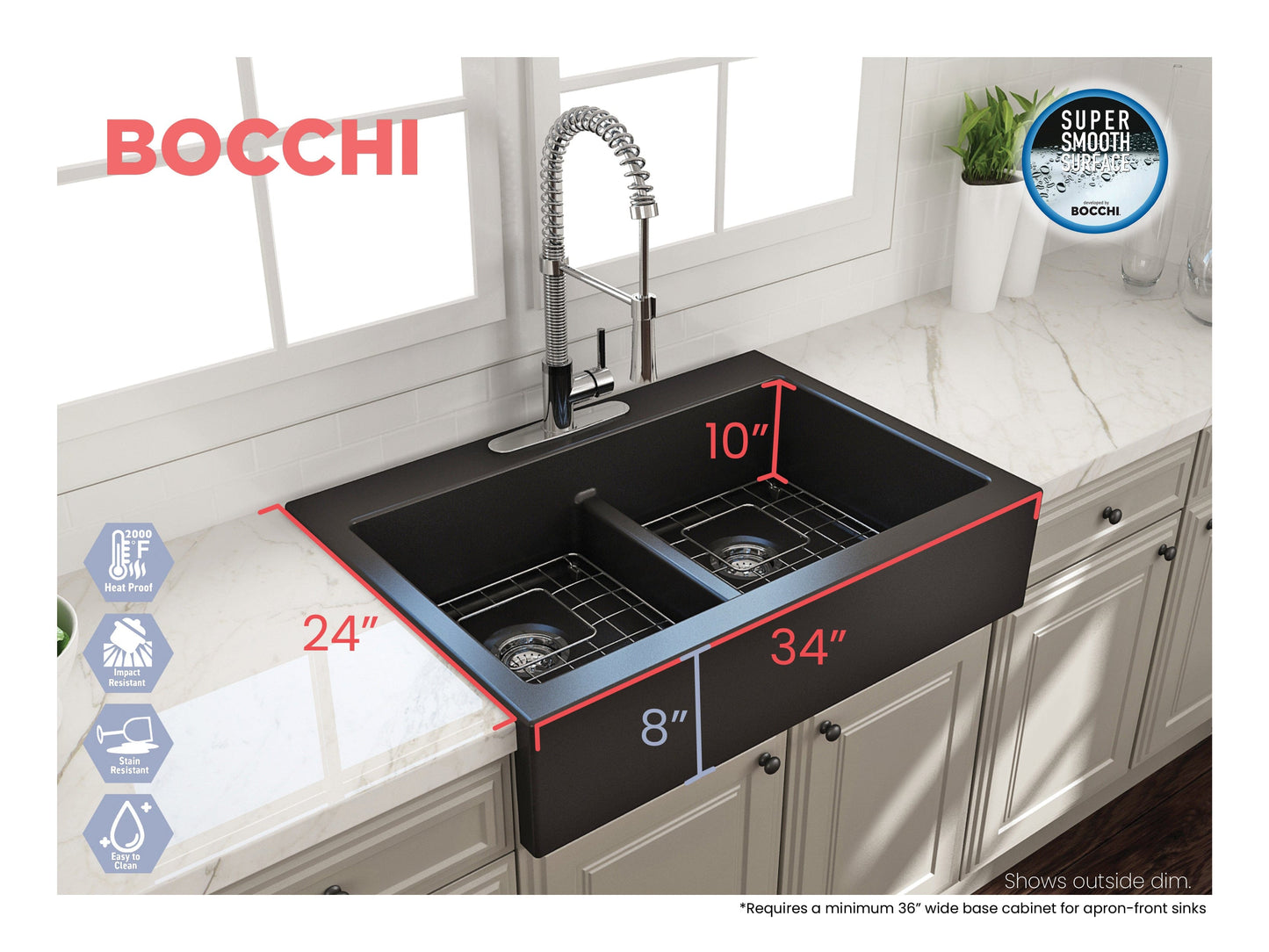BOCCHI NUOVA Farmhouse Short Apron Front Fireclay 34" Double Bowl Kitchen Sink