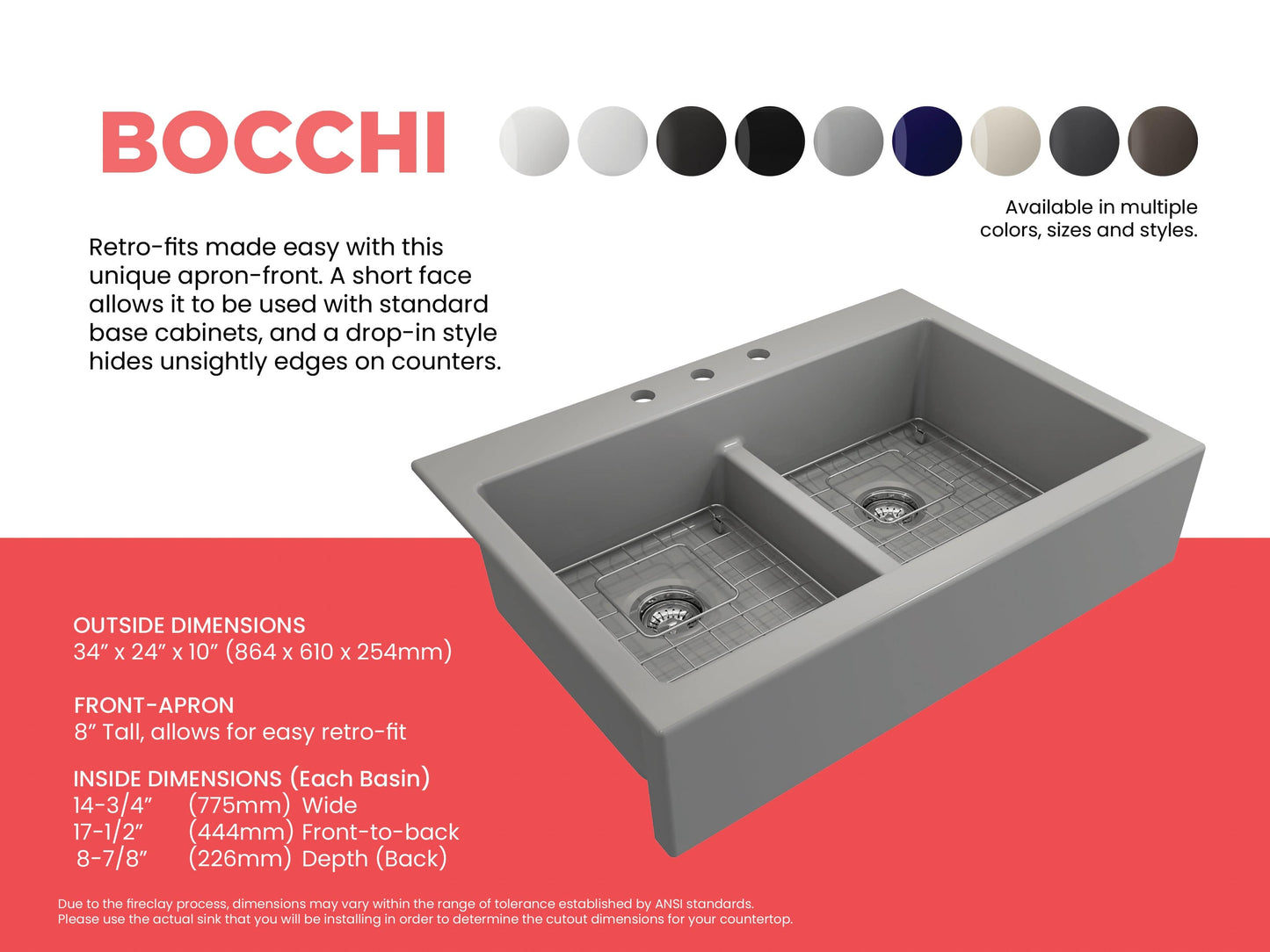 BOCCHI NUOVA Farmhouse Short Apron Front Fireclay 34" Double Bowl Kitchen Sink