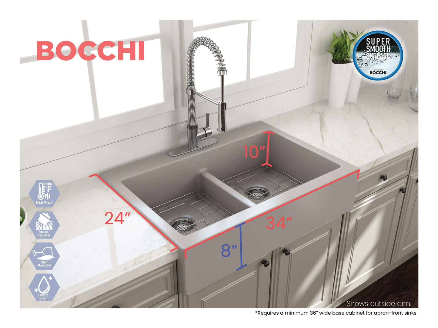 BOCCHI NUOVA Farmhouse Short Apron Front Fireclay 34" Double Bowl Kitchen Sink