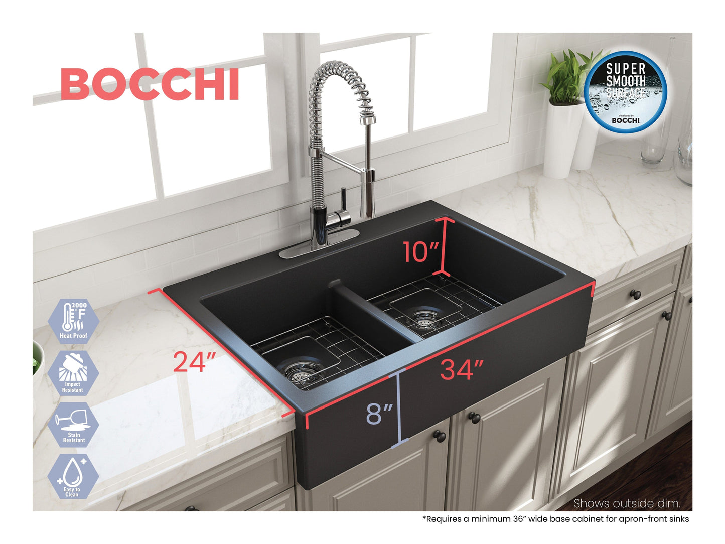BOCCHI NUOVA Farmhouse Short Apron Front Fireclay 34" Double Bowl Kitchen Sink