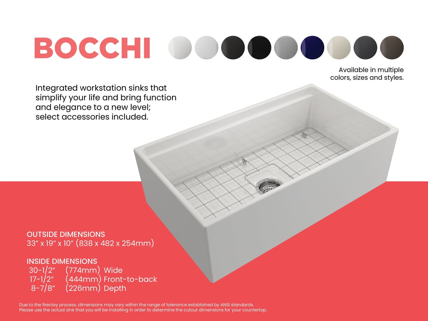 BOCCHI CONTEMPO 33" Step Rim With Integrated Work Station Fireclay Farmhouse Single Bowl Kitchen Sink with Accessories