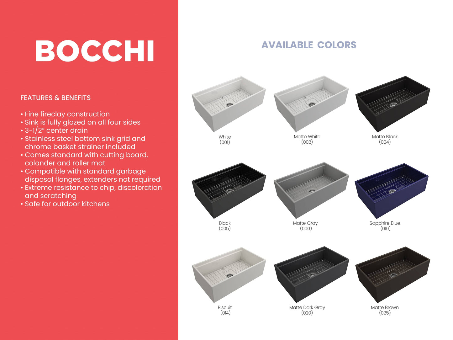 BOCCHI CONTEMPO 33" Step Rim With Integrated Work Station Fireclay Farmhouse Single Bowl Kitchen Sink with Accessories