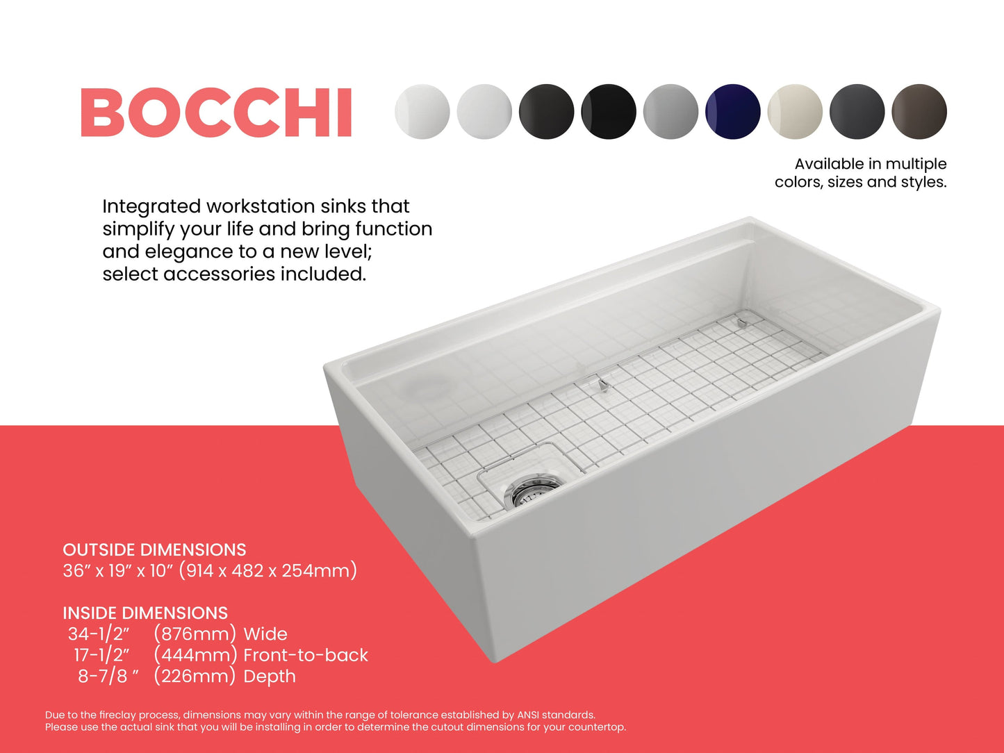 BOCCHI CONTEMPO 36" Step Rim With Integrated Work Station Fireclay Farmhouse Single Bowl Kitchen Sink with Accessories