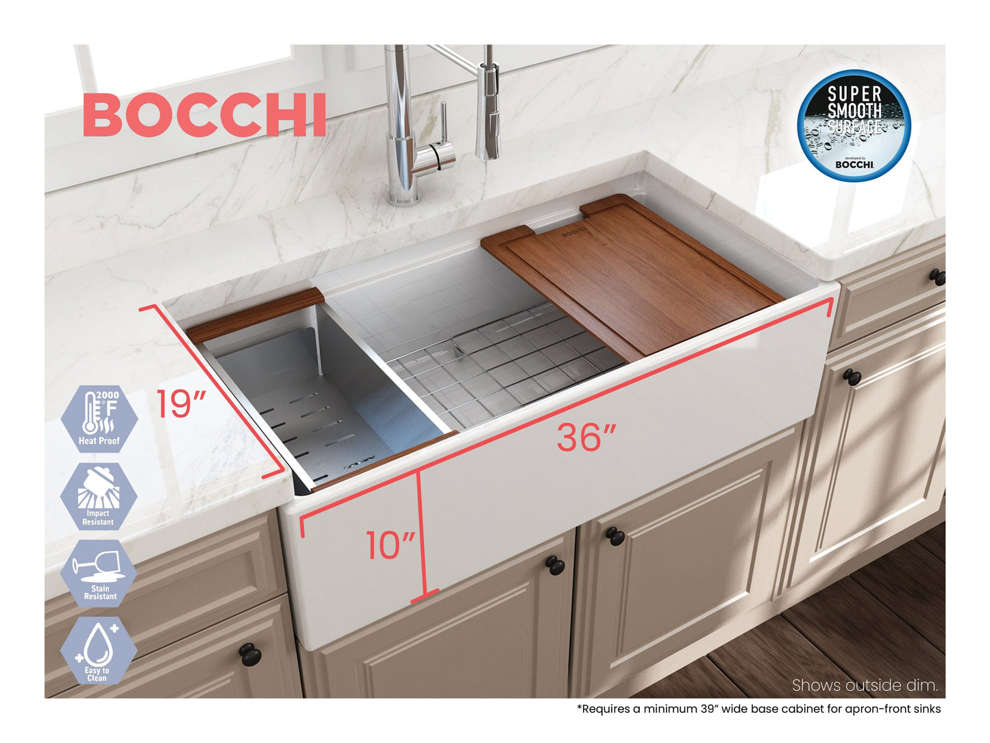 BOCCHI CONTEMPO 36" Step Rim With Integrated Work Station Fireclay Farmhouse Single Bowl Kitchen Sink with Accessories