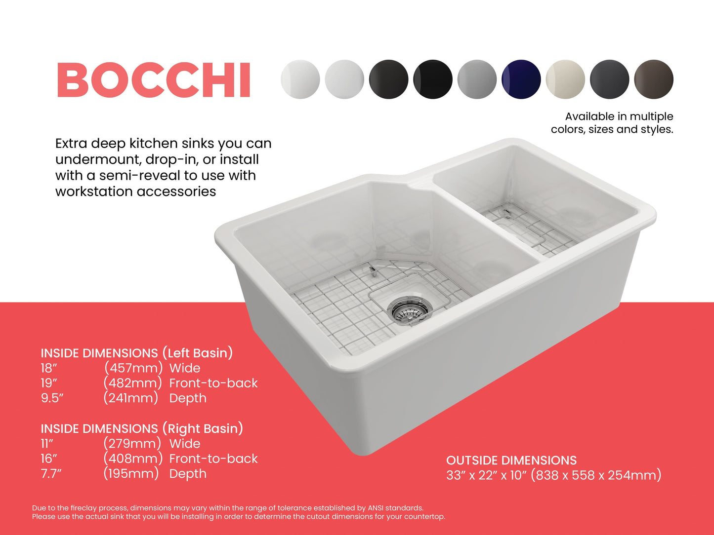 Bocchi SOTTO 33" Fireclay Double Bowl Kitchen Sink with Protective Bottom Grid and Strainer