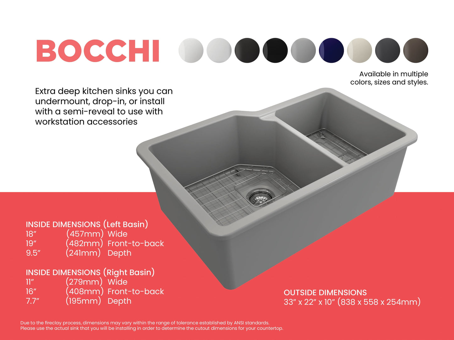 Bocchi SOTTO 33" Fireclay Double Bowl Kitchen Sink with Protective Bottom Grid and Strainer