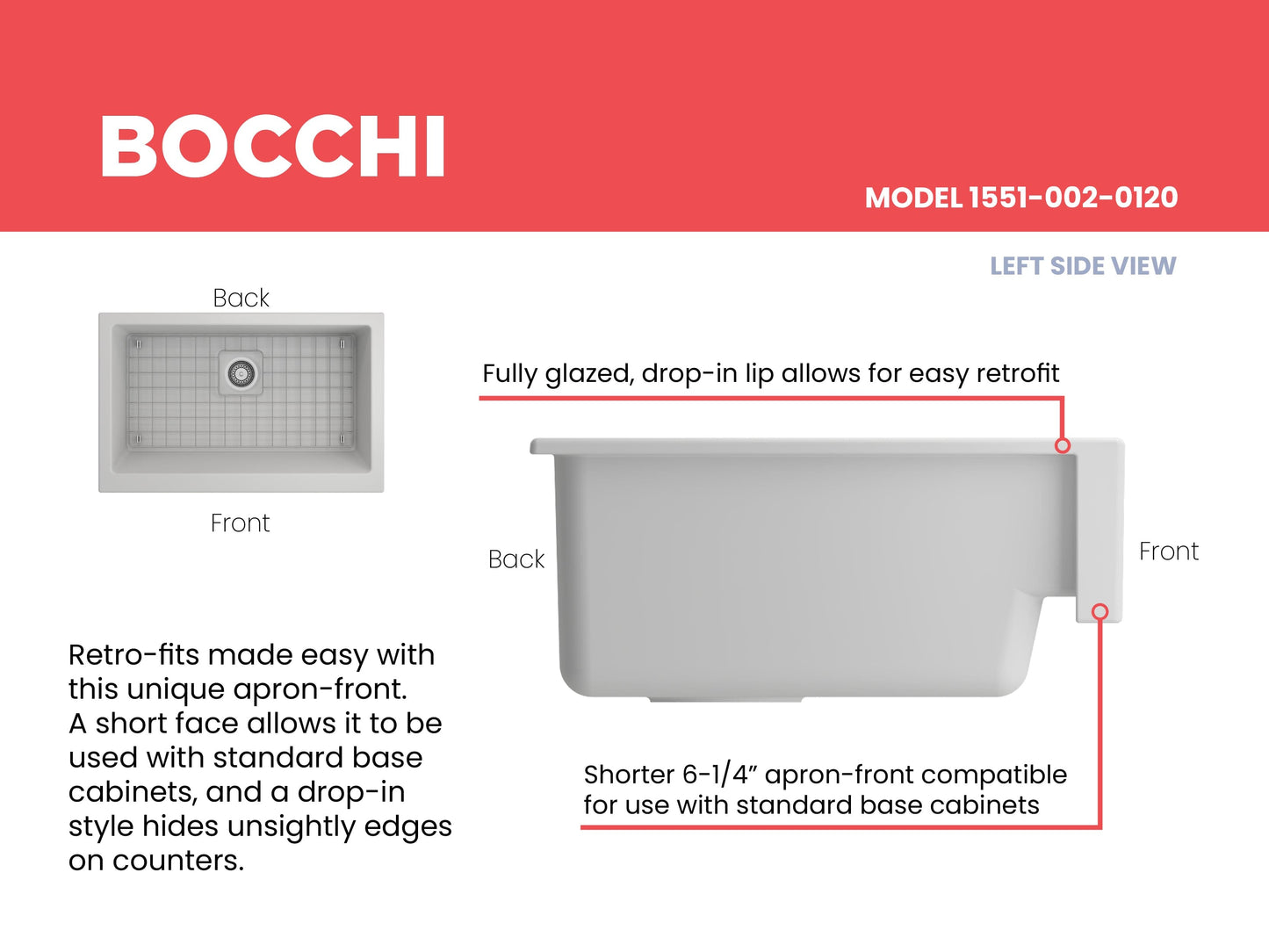 BOCCHI NUOVA 34" Single Bowl Kitchen Sink with Protective Bottom Grid and Strainer