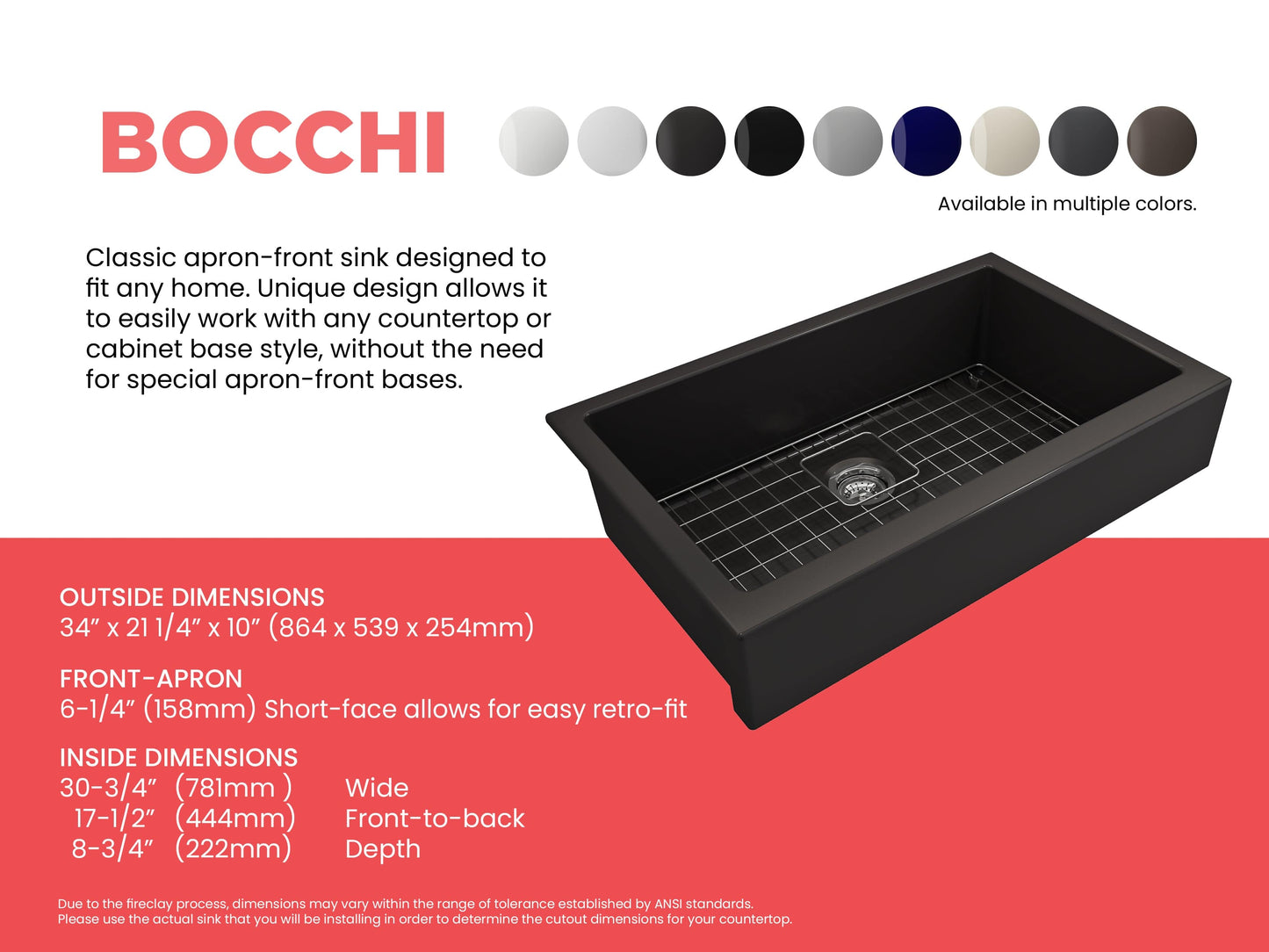 BOCCHI NUOVA 34" Single Bowl Kitchen Sink with Protective Bottom Grid and Strainer