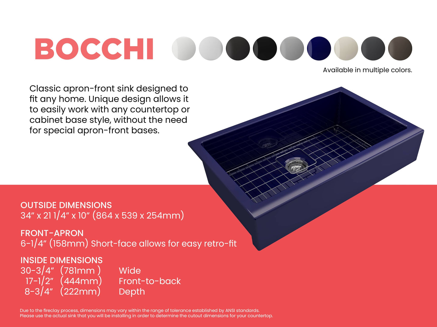 BOCCHI NUOVA 34" Single Bowl Kitchen Sink with Protective Bottom Grid and Strainer