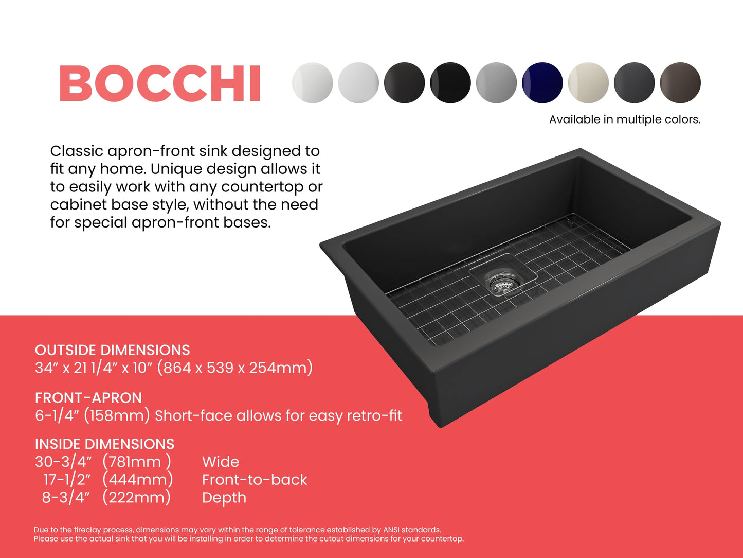 BOCCHI NUOVA 34" Single Bowl Kitchen Sink with Protective Bottom Grid and Strainer