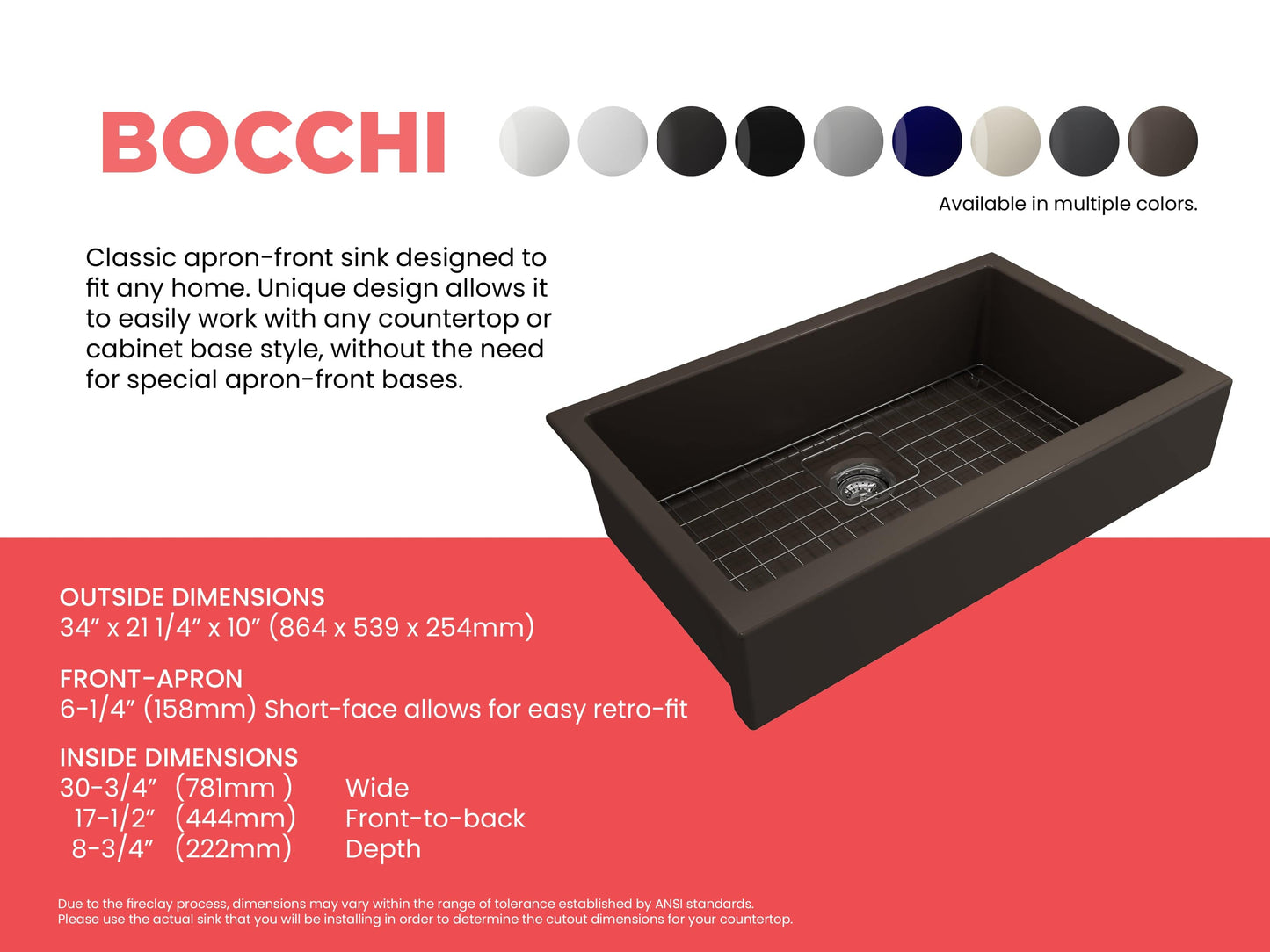 BOCCHI NUOVA 34" Single Bowl Kitchen Sink with Protective Bottom Grid and Strainer