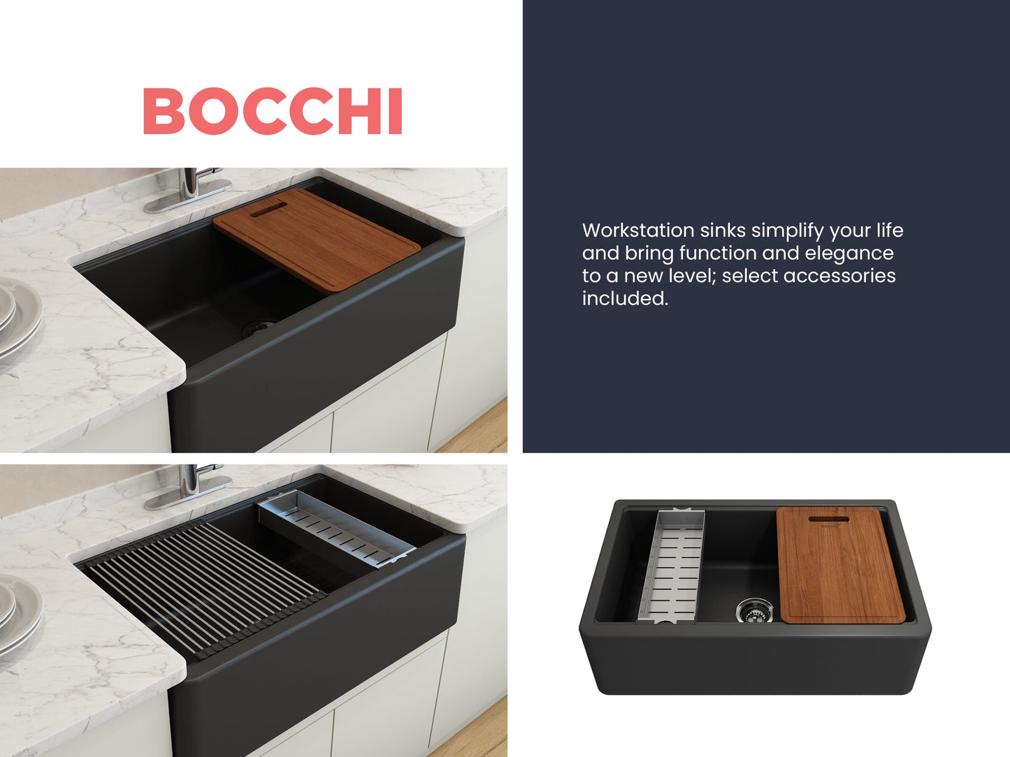 BOCCHI ARONA 33" Single Bowl Granite Kitchen Sink with Integrated Workstation and Accessories