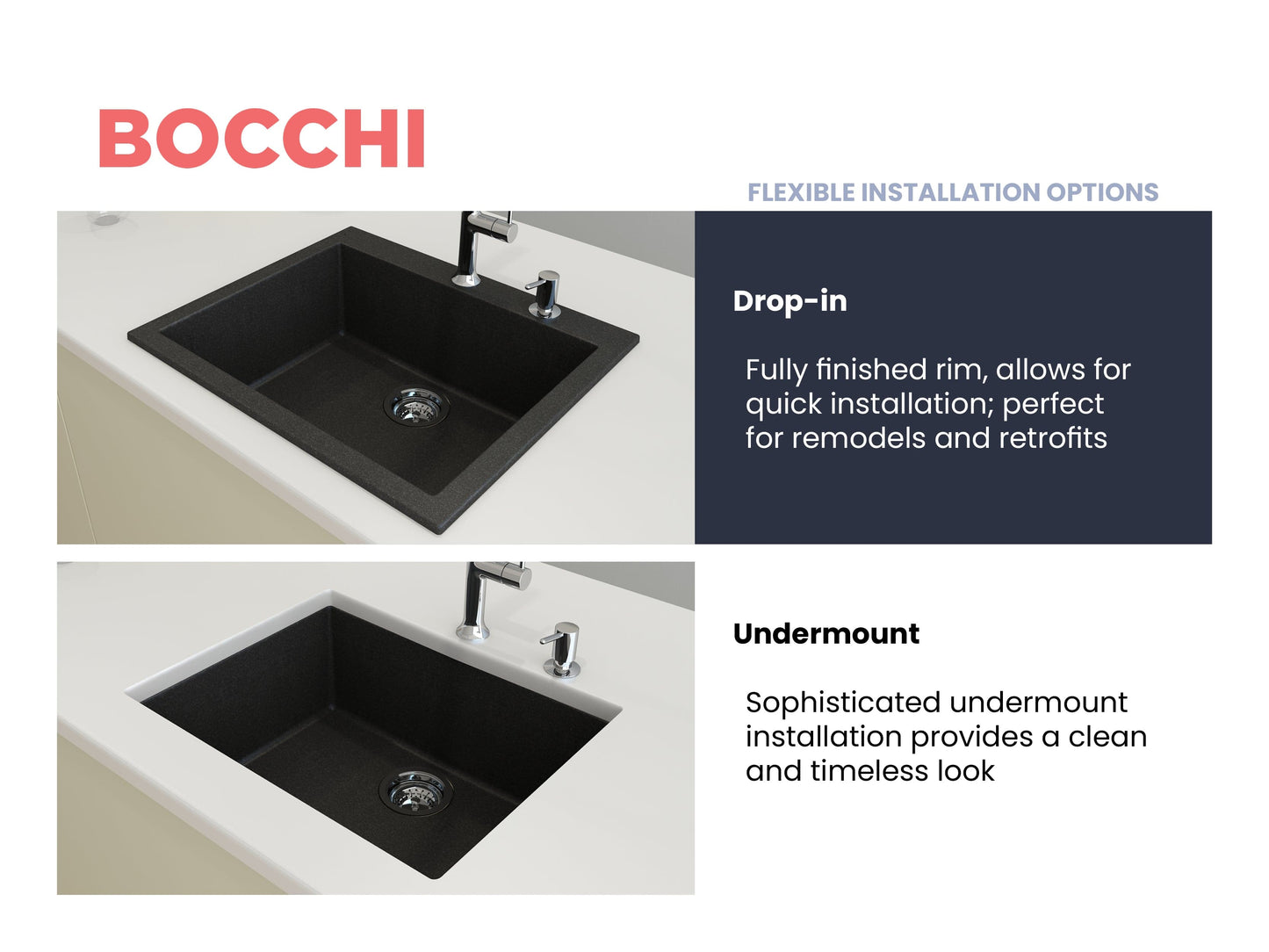 CAMPINO UNO 24" Single Bowl Dual Mount Granite Kitchen Sink with Strainer