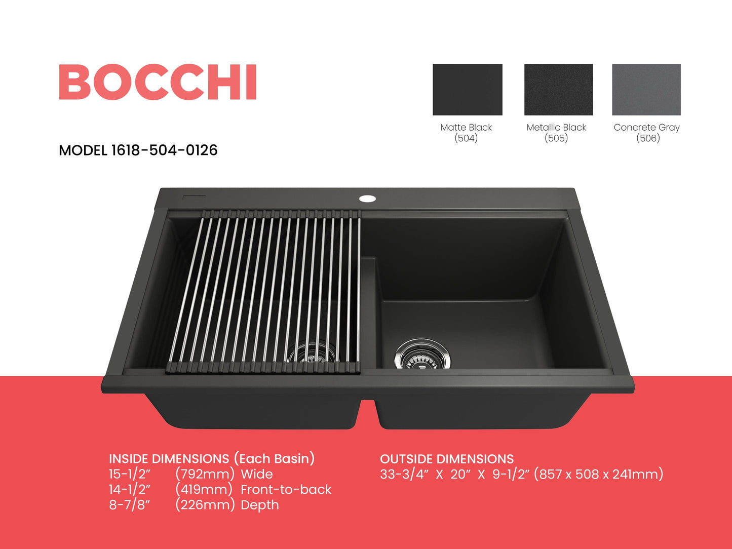 BOCCHI BAVENO LUX 33" Double Bowl Granite Composite Kitchen Sink with Integrated Workstation and Accessories