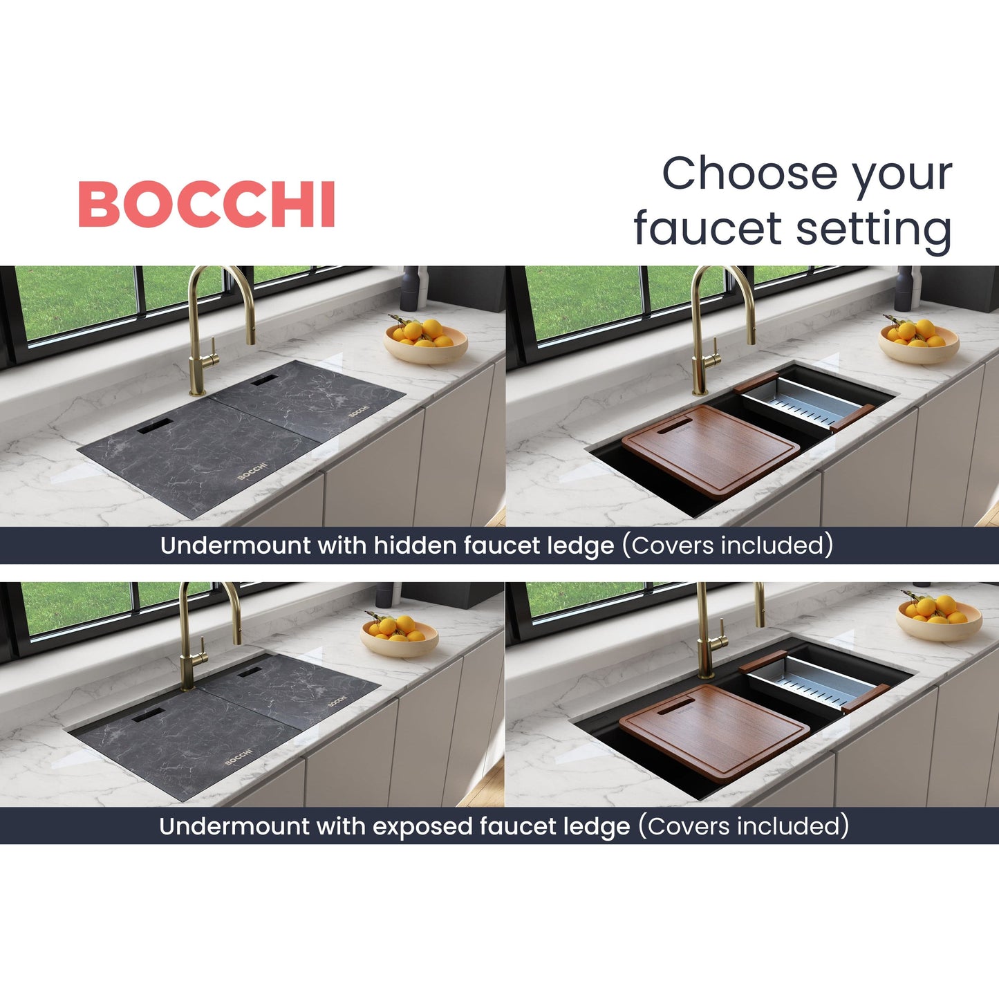 BOCCHI BAVENO LUX 33" Double Bowl Granite Composite Kitchen Sink with Integrated Workstation and Accessories with Covers