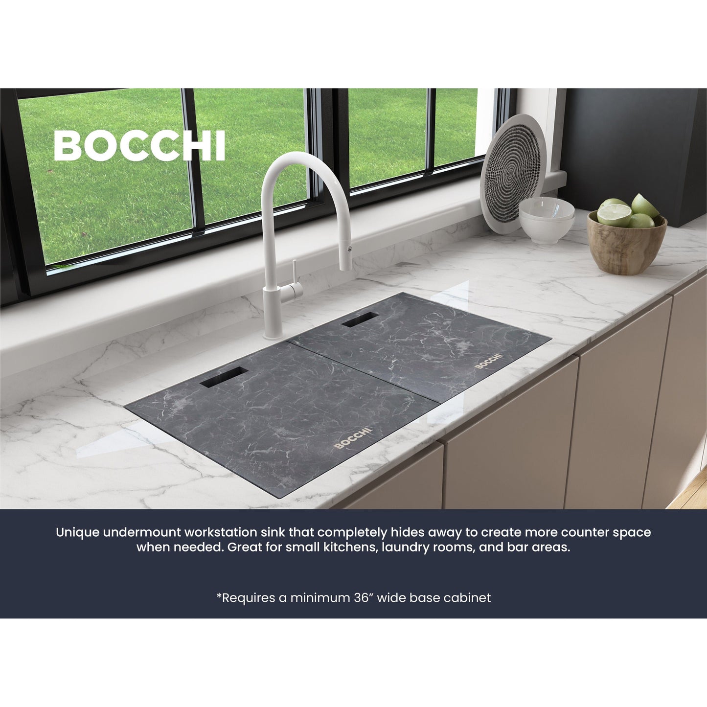 BOCCHI BAVENO LUX 33" Double Bowl Granite Composite Kitchen Sink with Integrated Workstation and Accessories with Covers
