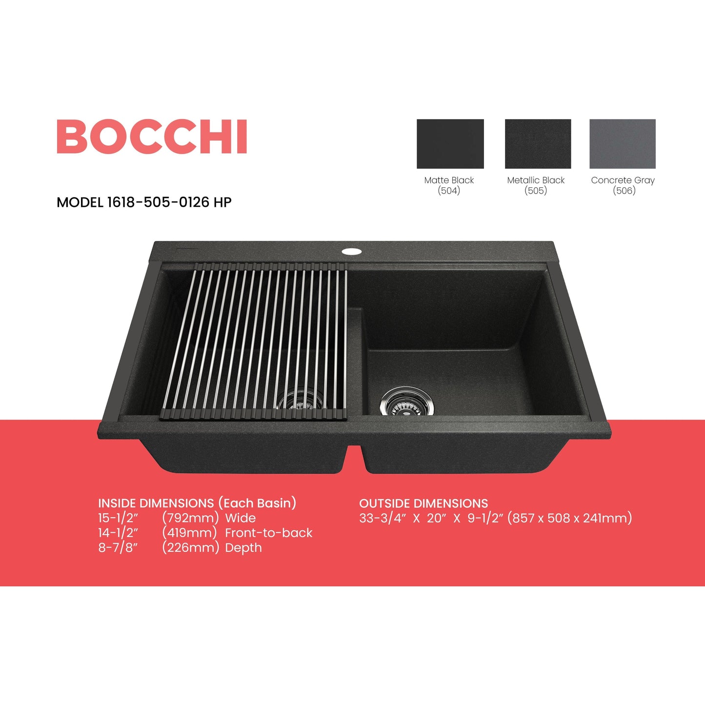 BOCCHI BAVENO LUX 33" Double Bowl Granite Composite Kitchen Sink with Integrated Workstation and Accessories with Covers