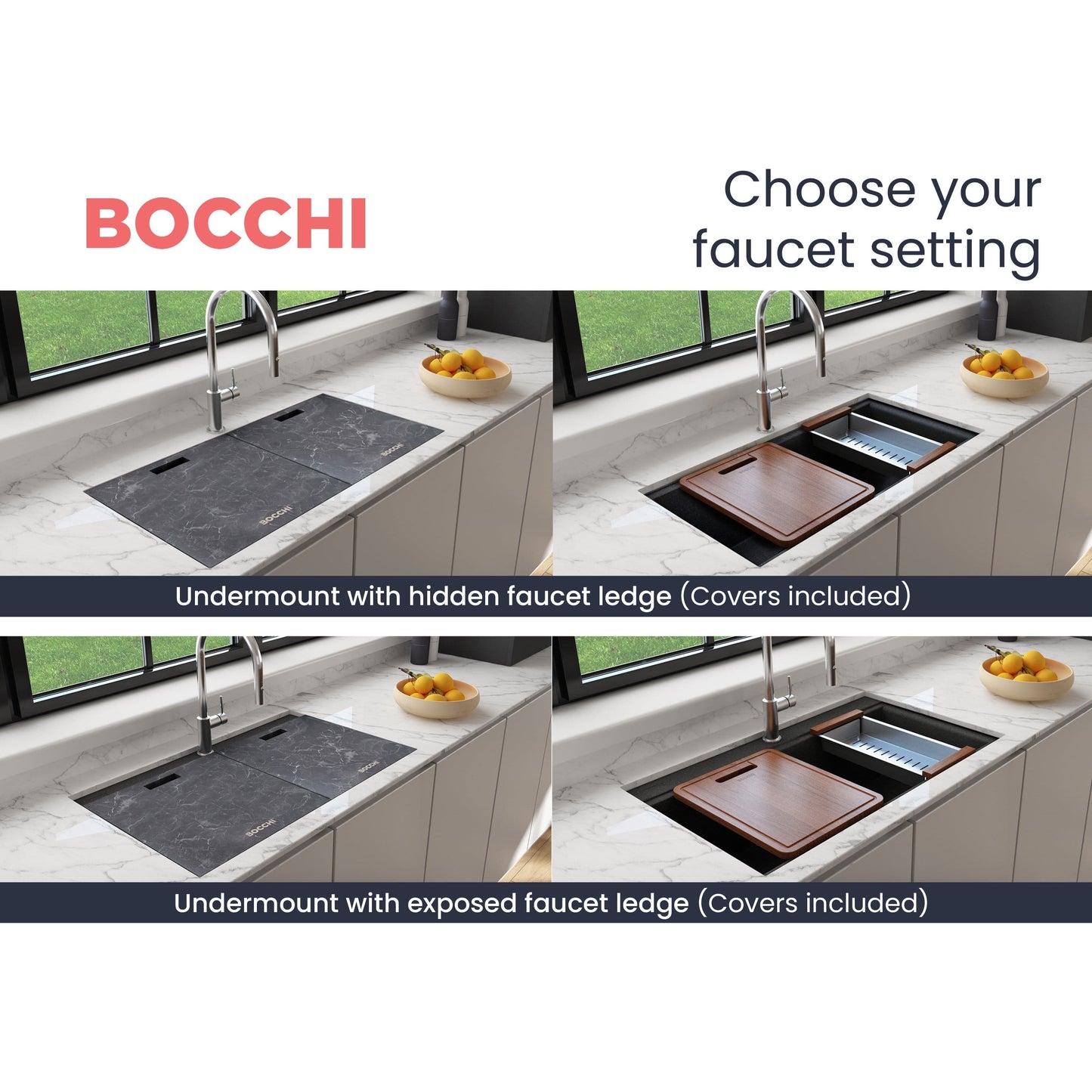 BOCCHI BAVENO LUX 33" Double Bowl Granite Composite Kitchen Sink with Integrated Workstation and Accessories with Covers