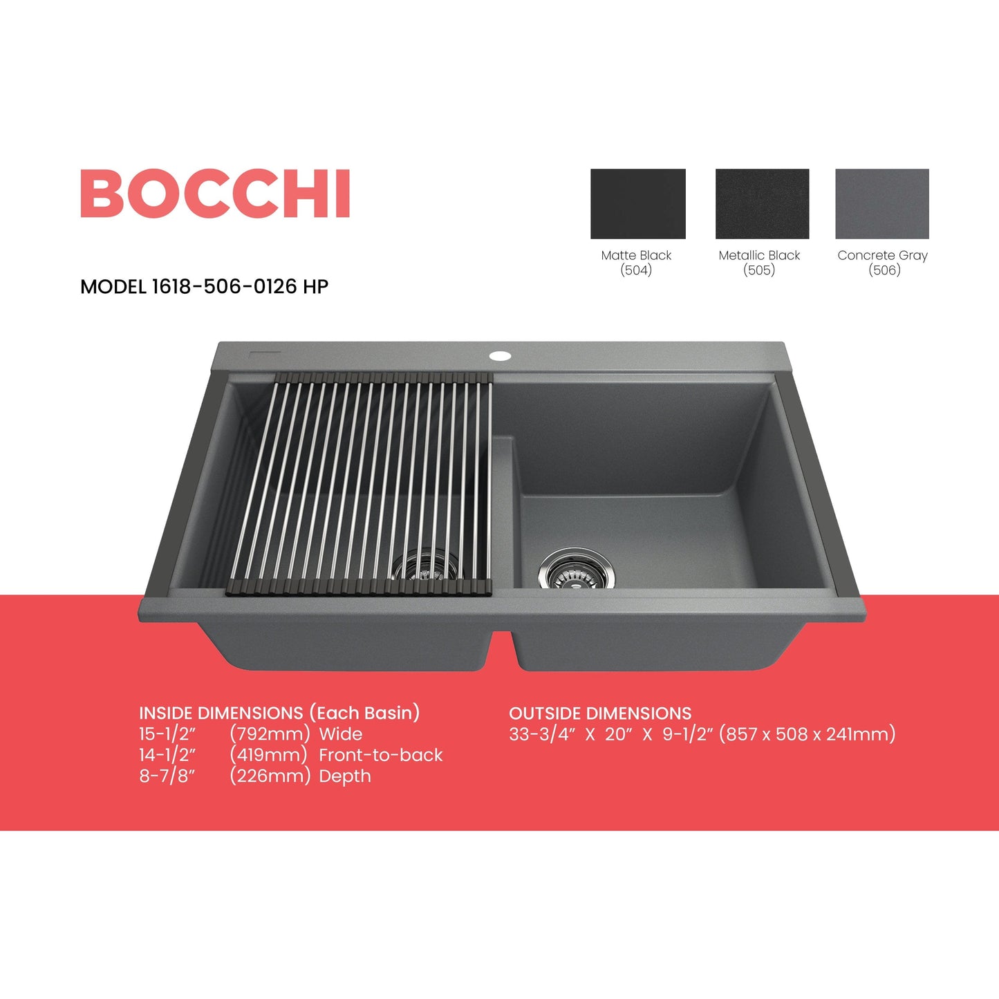 BOCCHI BAVENO LUX 33" Double Bowl Granite Composite Kitchen Sink with Integrated Workstation and Accessories with Covers