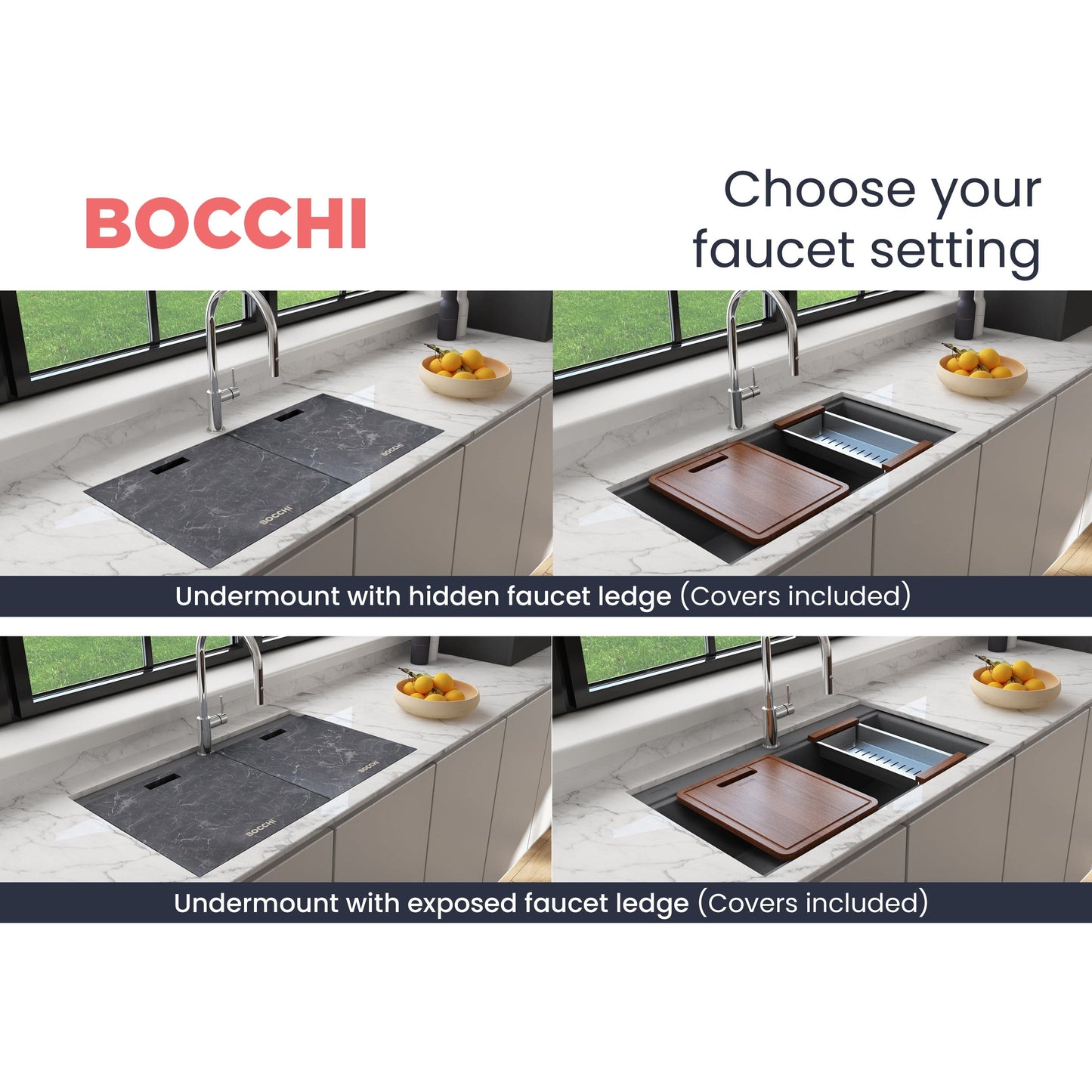 BOCCHI BAVENO LUX 33" Double Bowl Granite Composite Kitchen Sink with Integrated Workstation and Accessories with Covers