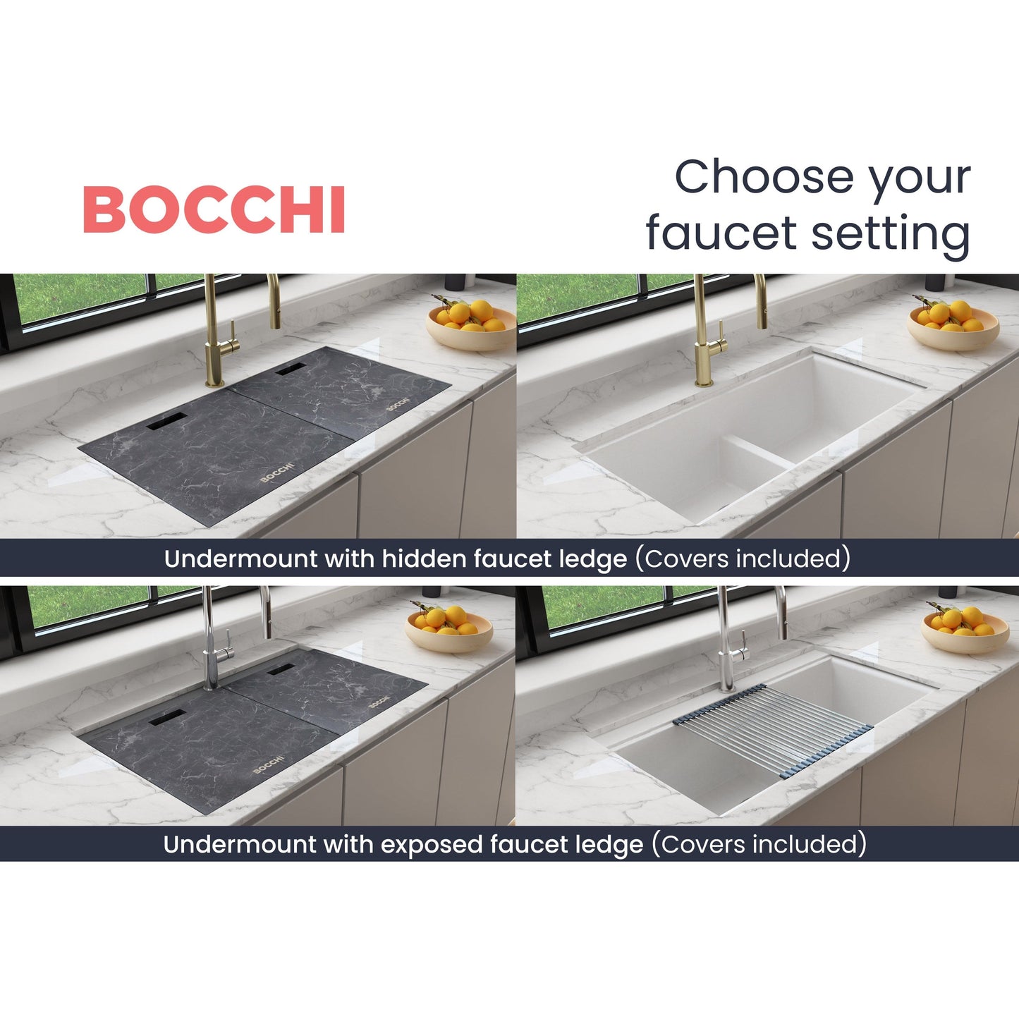 BOCCHI BAVENO LUX 33" Double Bowl Granite Composite Kitchen Sink with Integrated Workstation and Accessories with Covers