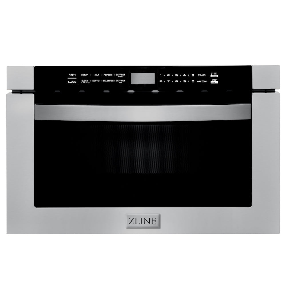 ZLINE Kitchen Package with Refrigeration, 36 in. Stainless Steel Dual Fuel Range, 36 in. Range Hood, Microwave Drawer, 24 in. Tall Tub Dishwasher and Beverage Fridge (6KPR-RARH36-MWDWV-RBV)