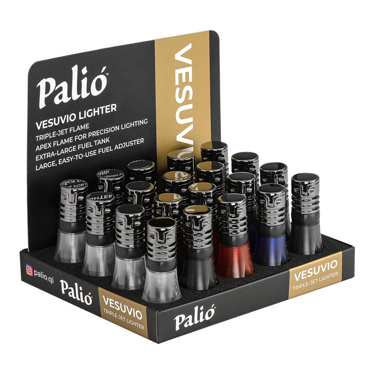 Palió Vesuvio 20-Count Display, Assorted colors | Triple Flame Torch Lighters
