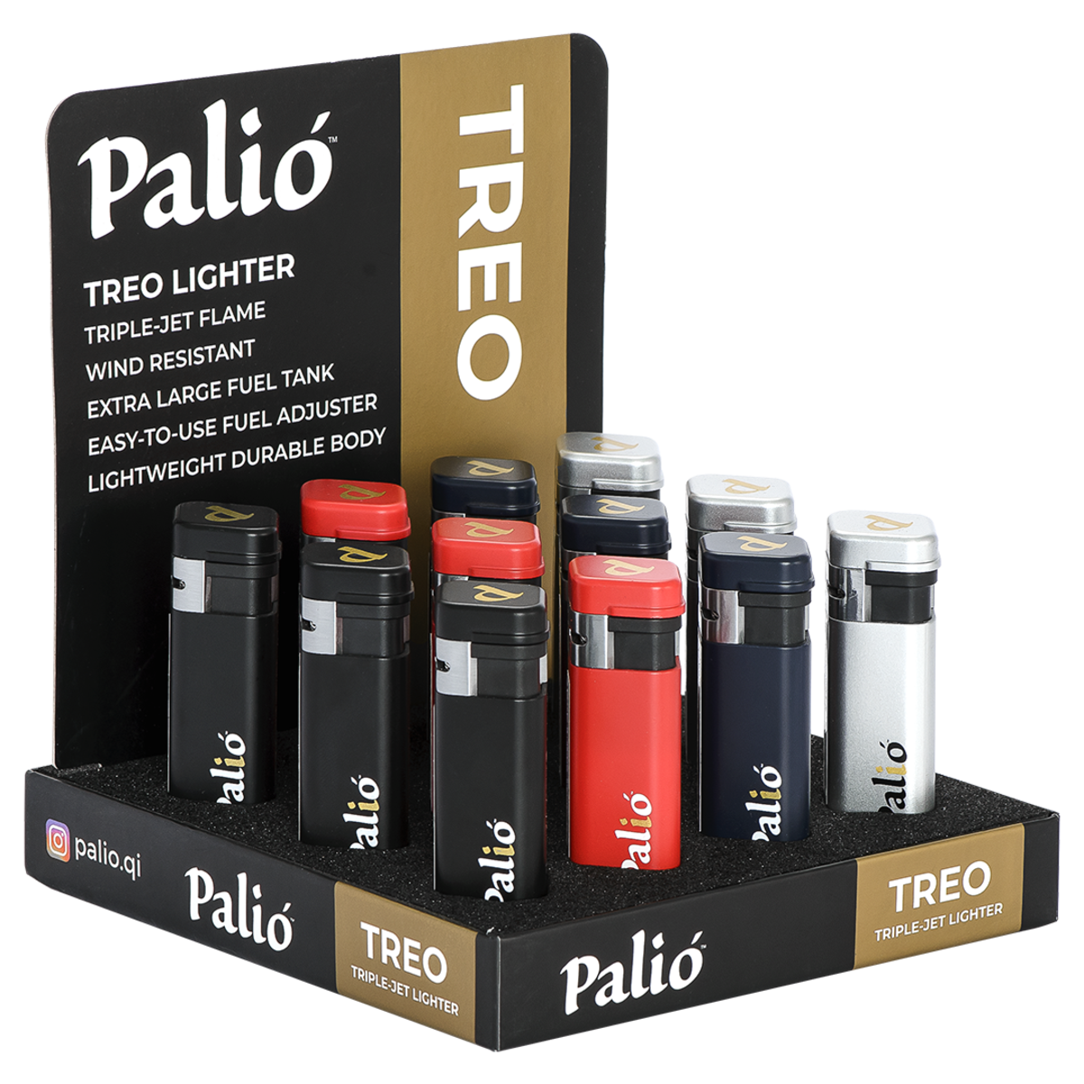 Palió Treo 12pk Display, Assorted Colors | Triple Flame Torch Lighters
